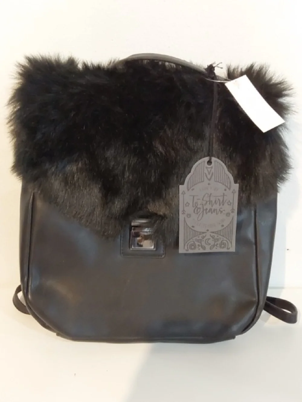 True Vibe| Womens  Boxy Black Faux Fur Flap Vinyl Backpack Trendy Sleek Medium